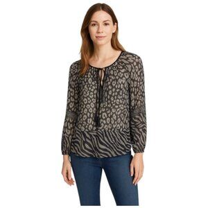 Hale Bob Animal Print Long Sleeve Split Necktie Semi Sheer Silk Blouse